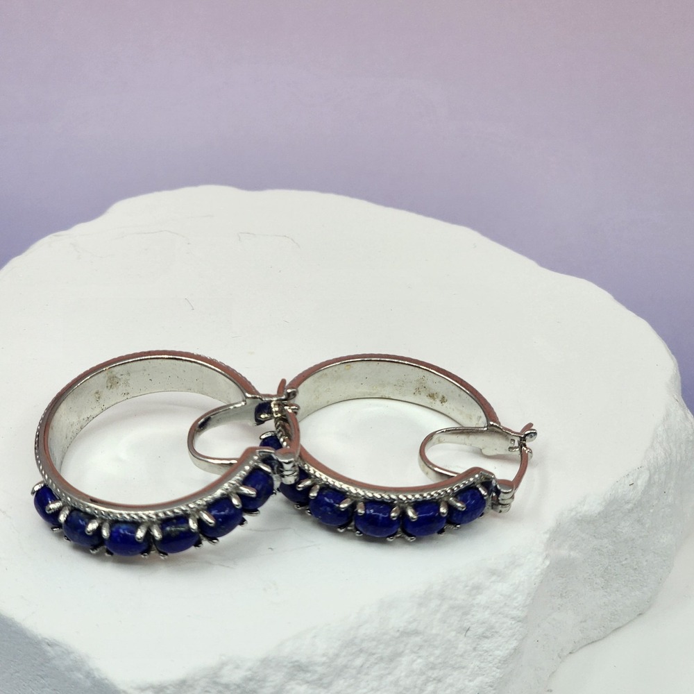 STS Karis Blue Stone Cabochon Silver Tone Large Hoop Earrings Vintage Statement
